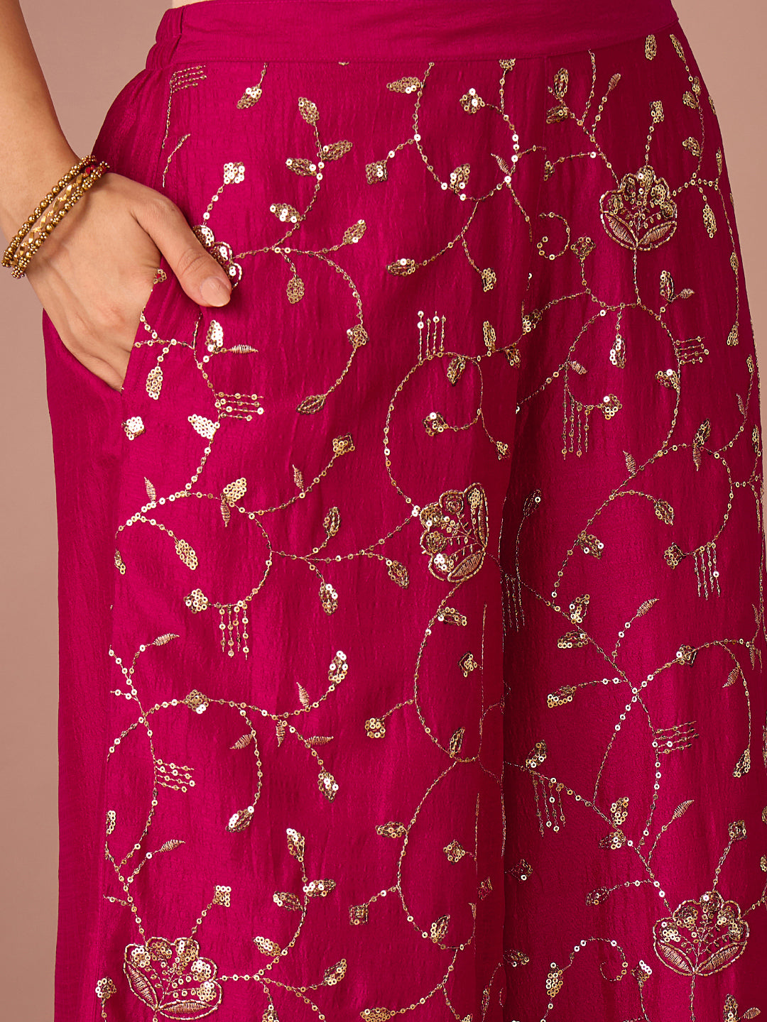 Janasya Women's Pink Silk Blend Floral Sequins and Zari Embroidered Straight Kurta with Palazzo and Choker Dupatta Set