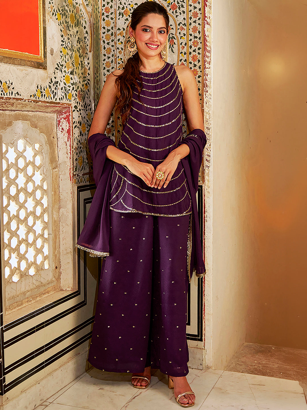 Janasya Women's Wine Georgette Sequin Zari Embroidered Straight Kurta with Palazzo and Dupatta Set