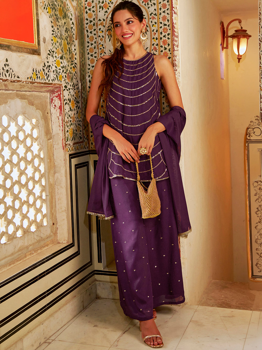 Janasya Women's Wine Georgette Sequin Zari Embroidered Straight Kurta with Palazzo and Dupatta Set
