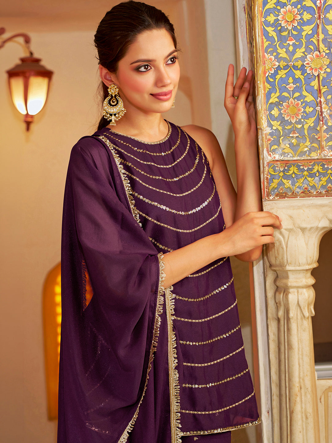 Janasya Women's Wine Georgette Sequin Zari Embroidered Straight Kurta with Palazzo and Dupatta Set