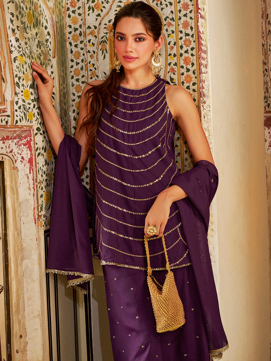 Janasya Women's Wine Georgette Sequin Zari Embroidered Straight Kurta with Palazzo and Dupatta Set