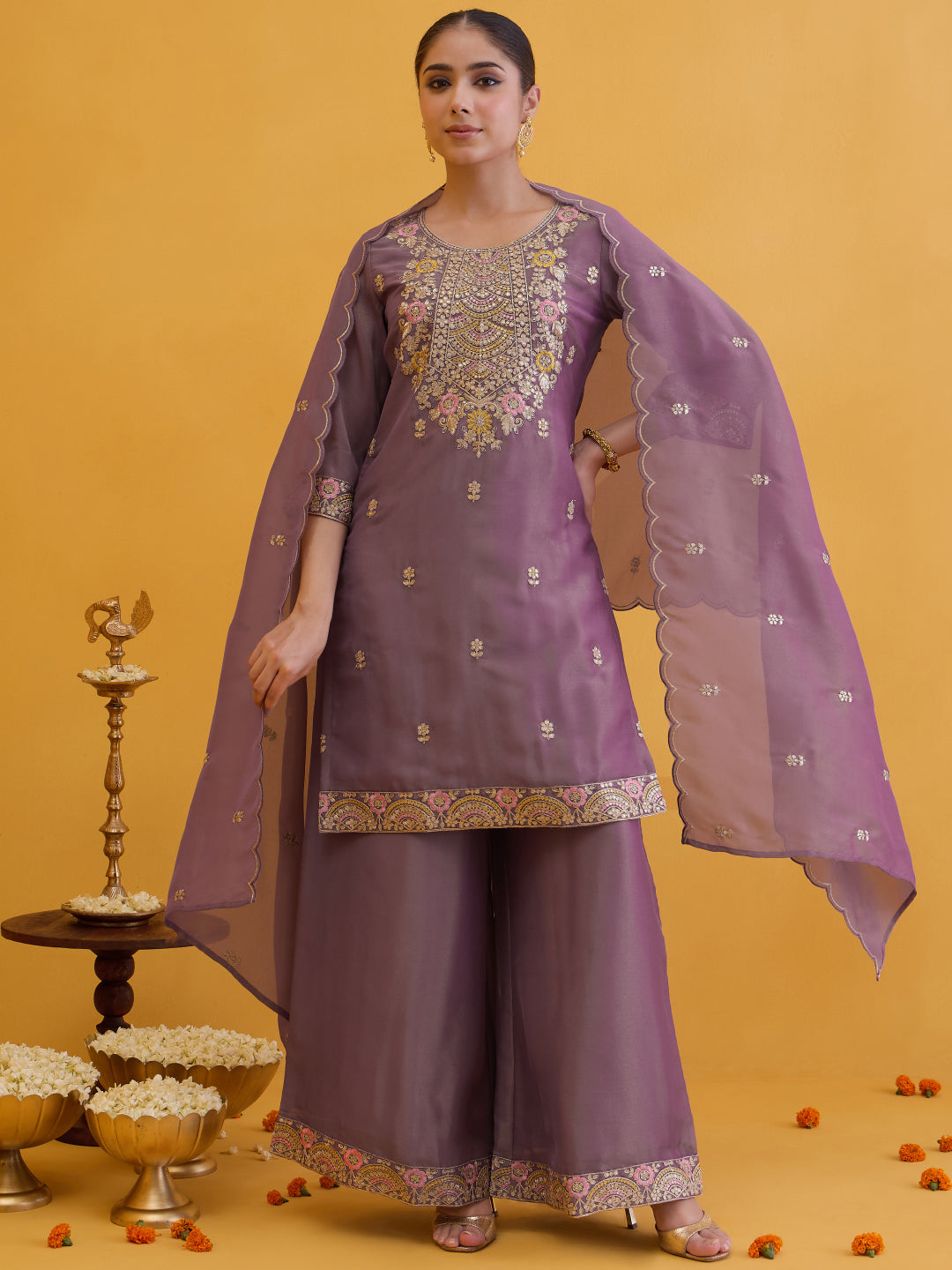 Janasya Women's Mauve Silk Blend Floral Embroidered Straight Kurta with Sharara and Dupatta Set