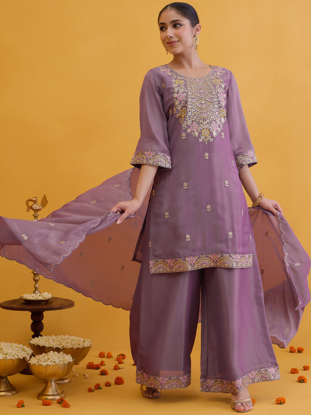 Janasya Women's Mauve Silk Blend Floral Embroidered Straight Kurta with Sharara and Dupatta Set