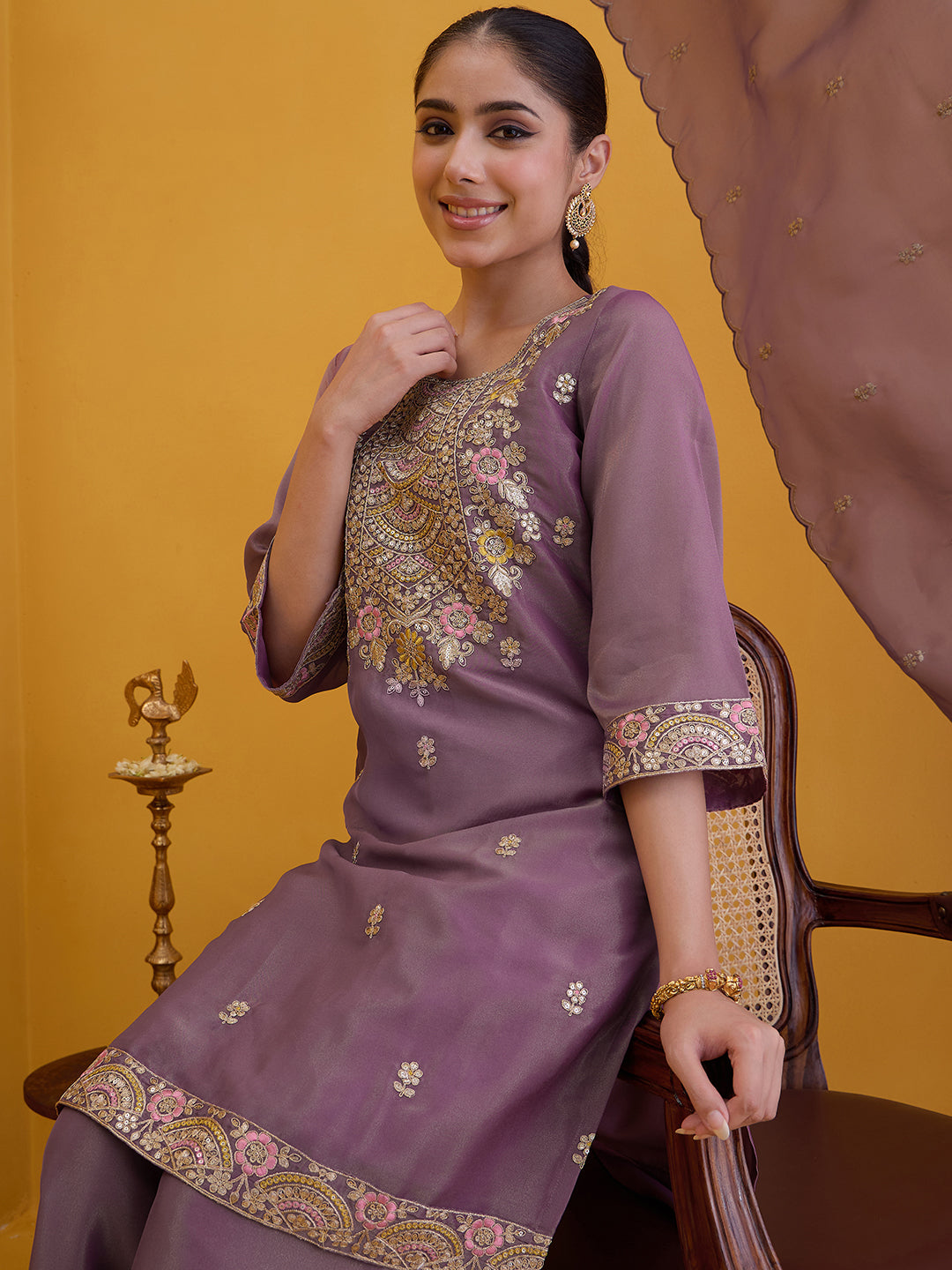 Janasya Women's Mauve Silk Blend Floral Embroidered Straight Kurta with Sharara and Dupatta Set