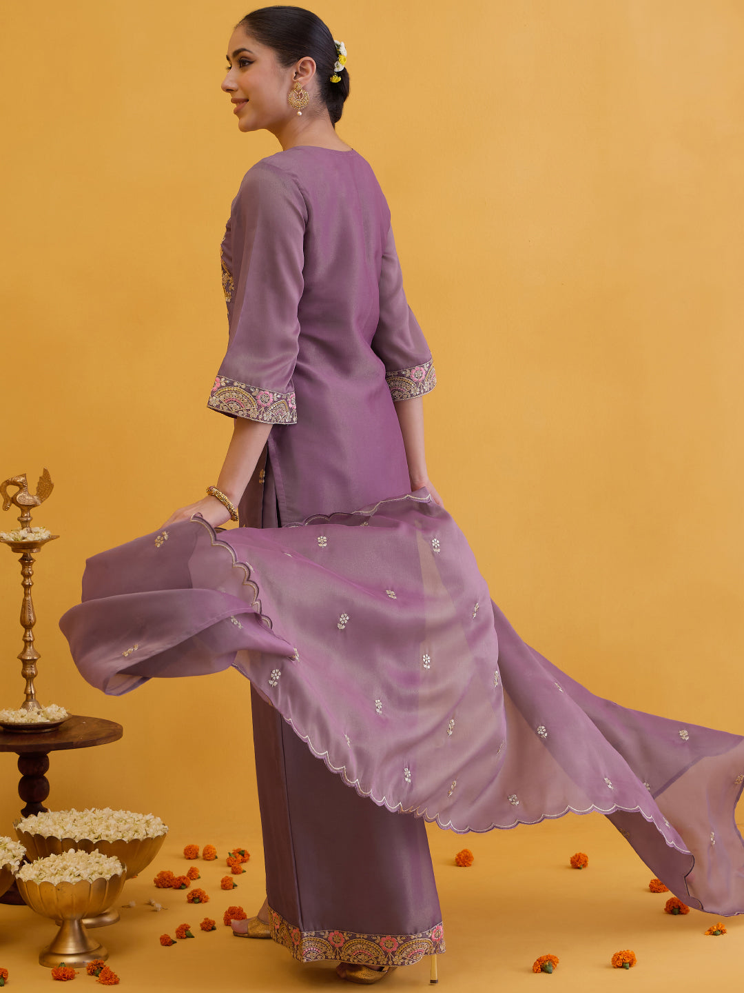 Janasya Women's Mauve Silk Blend Floral Embroidered Straight Kurta with Sharara and Dupatta Set