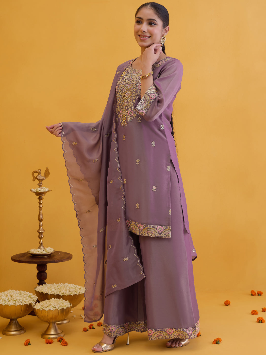 Janasya Women's Mauve Silk Blend Floral Embroidered Straight Kurta with Sharara and Dupatta Set