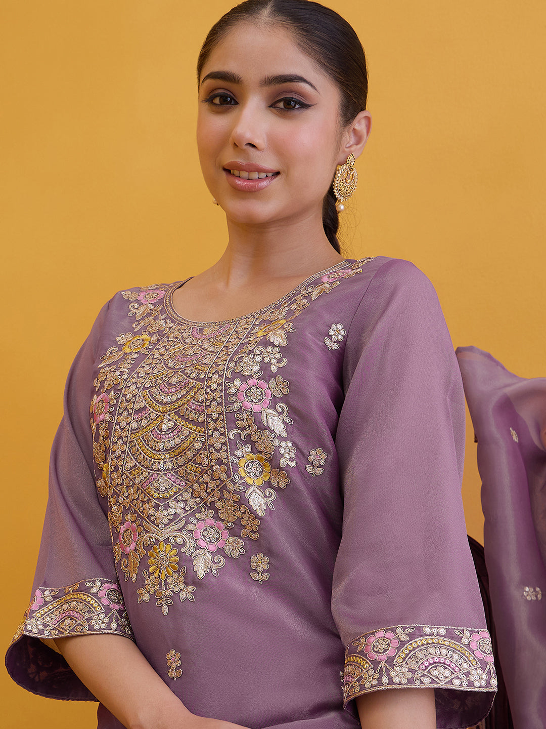 Janasya Women's Mauve Silk Blend Floral Embroidered Straight Kurta with Sharara and Dupatta Set