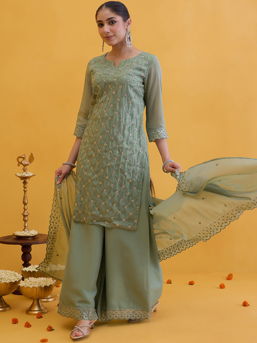 Janasya Women's Sage Green Silk Blend Floral Embroidered Straight Kurta with Palazzo and Dupatta Set
