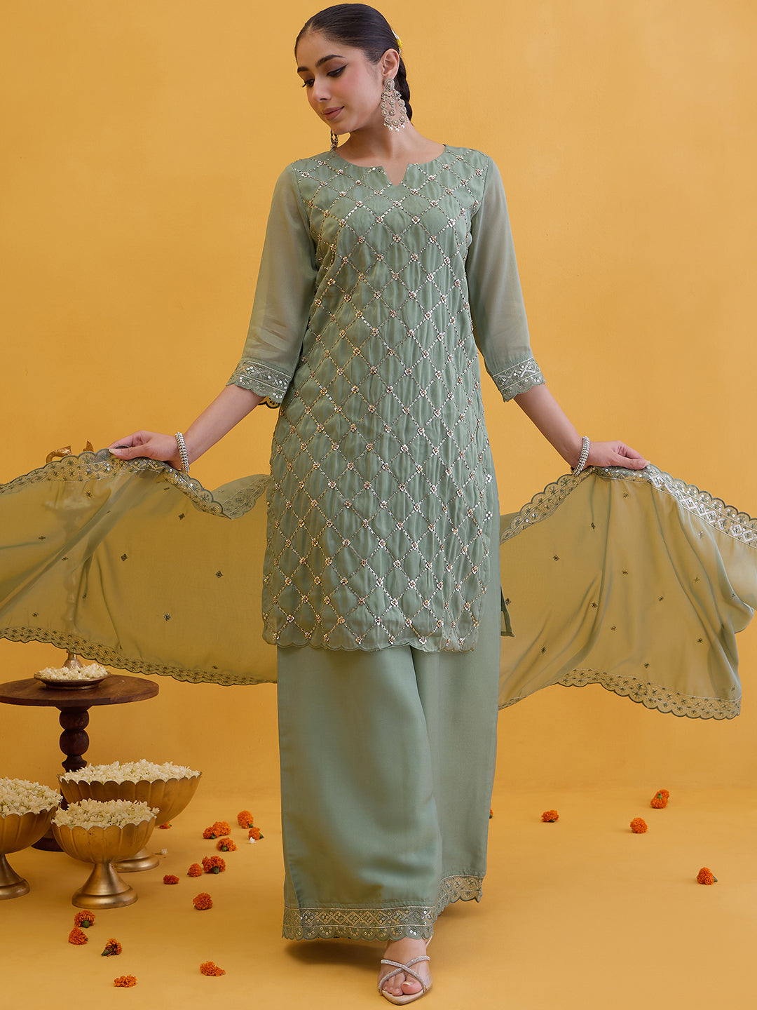 Janasya Women's Sage Green Silk Blend Floral Embroidered Straight Kurta with Palazzo and Dupatta Set