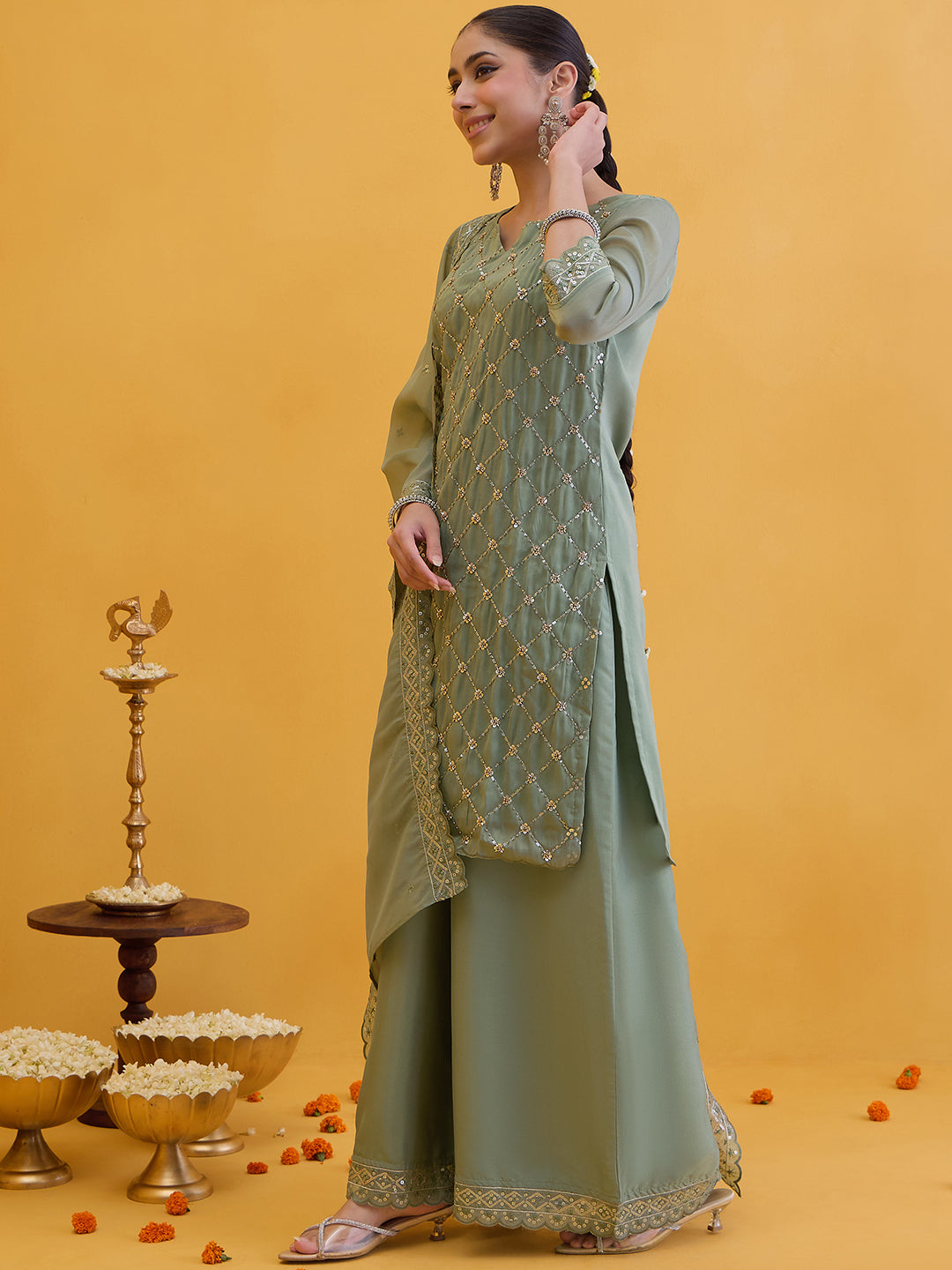 Janasya Women's Sage Green Silk Blend Floral Embroidered Straight Kurta with Palazzo and Dupatta Set
