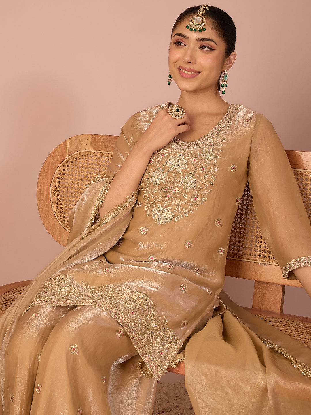 Janasya Women's Beige Silk Blend Floral Zari Embroidered Straight Kurta with Palazzo and Dupatta Set