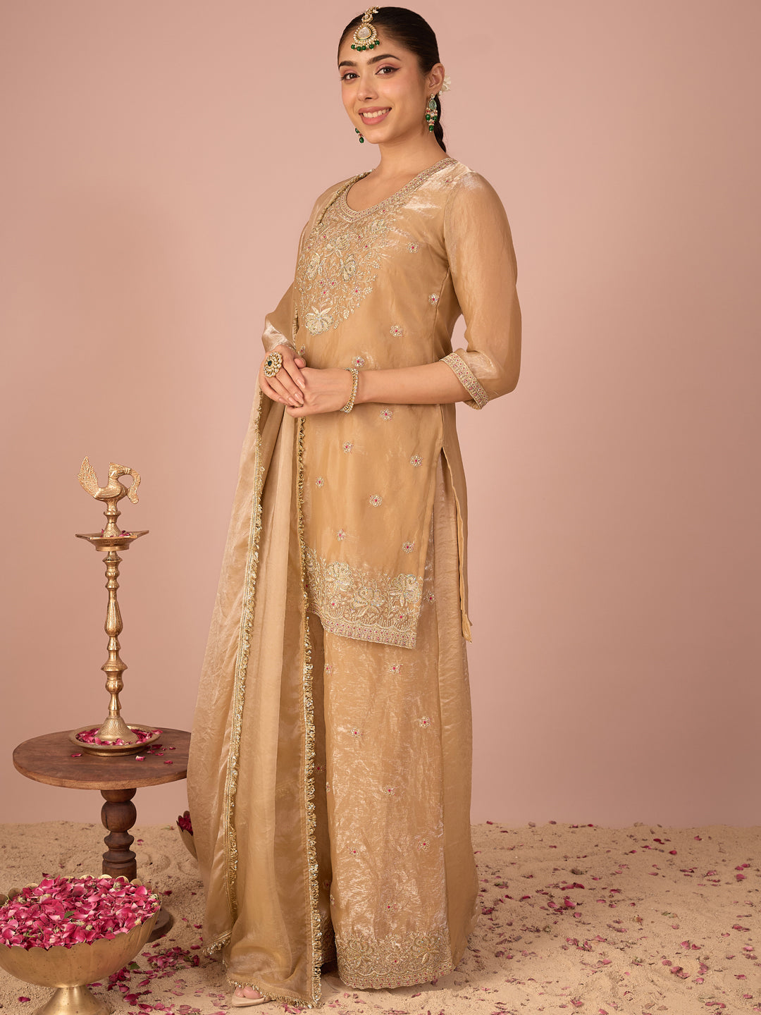 Janasya Women's Beige Silk Blend Floral Zari Embroidered Straight Kurta with Palazzo and Dupatta Set