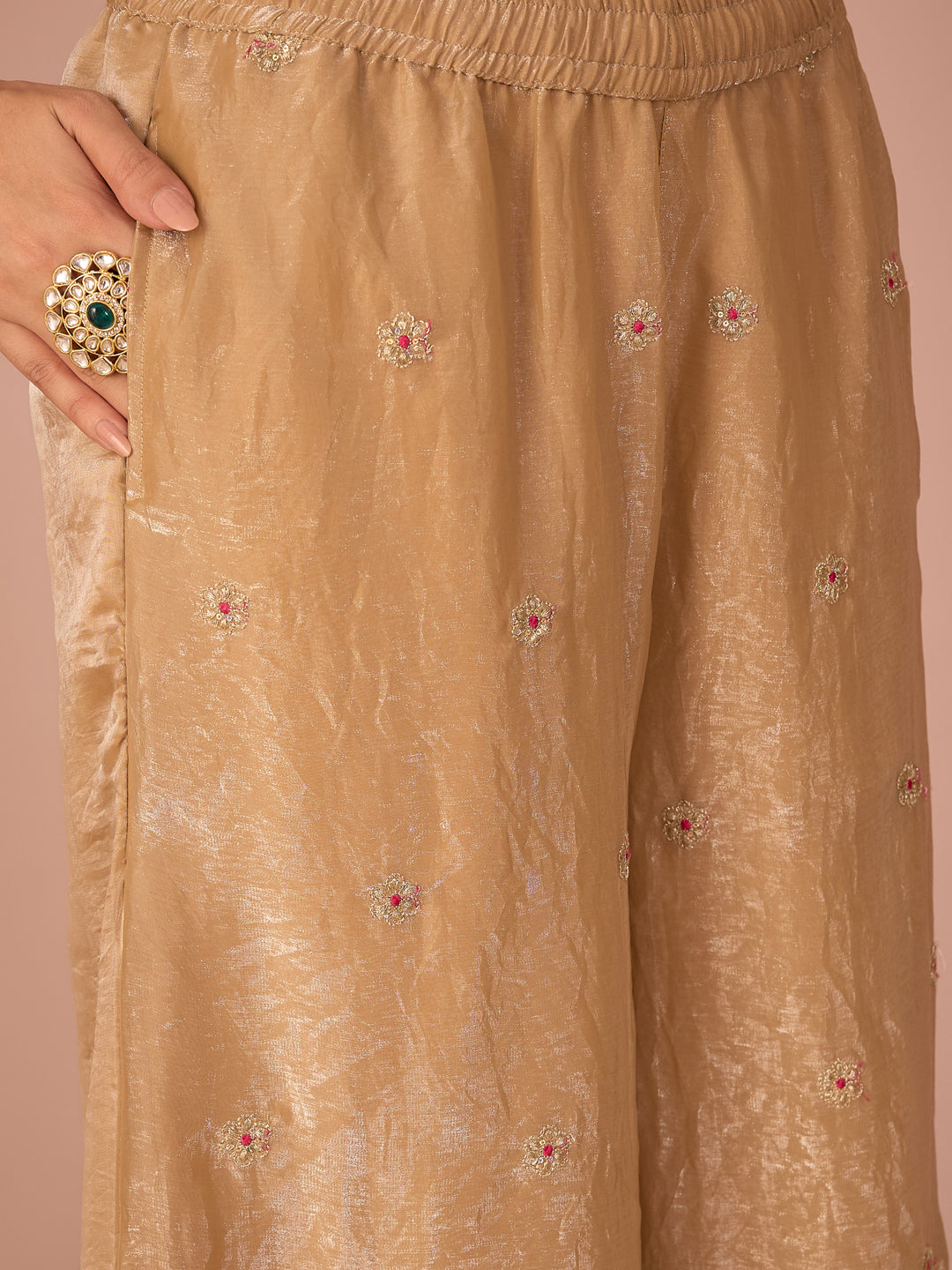 Janasya Women's Beige Silk Blend Floral Zari Embroidered Straight Kurta with Palazzo and Dupatta Set