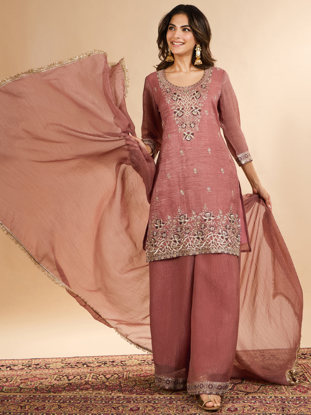 Janasya Women's Dusky Pink Tissue Silk Floral Zari Embroidered Straight Kurta with Palazzo And Dupatta Set