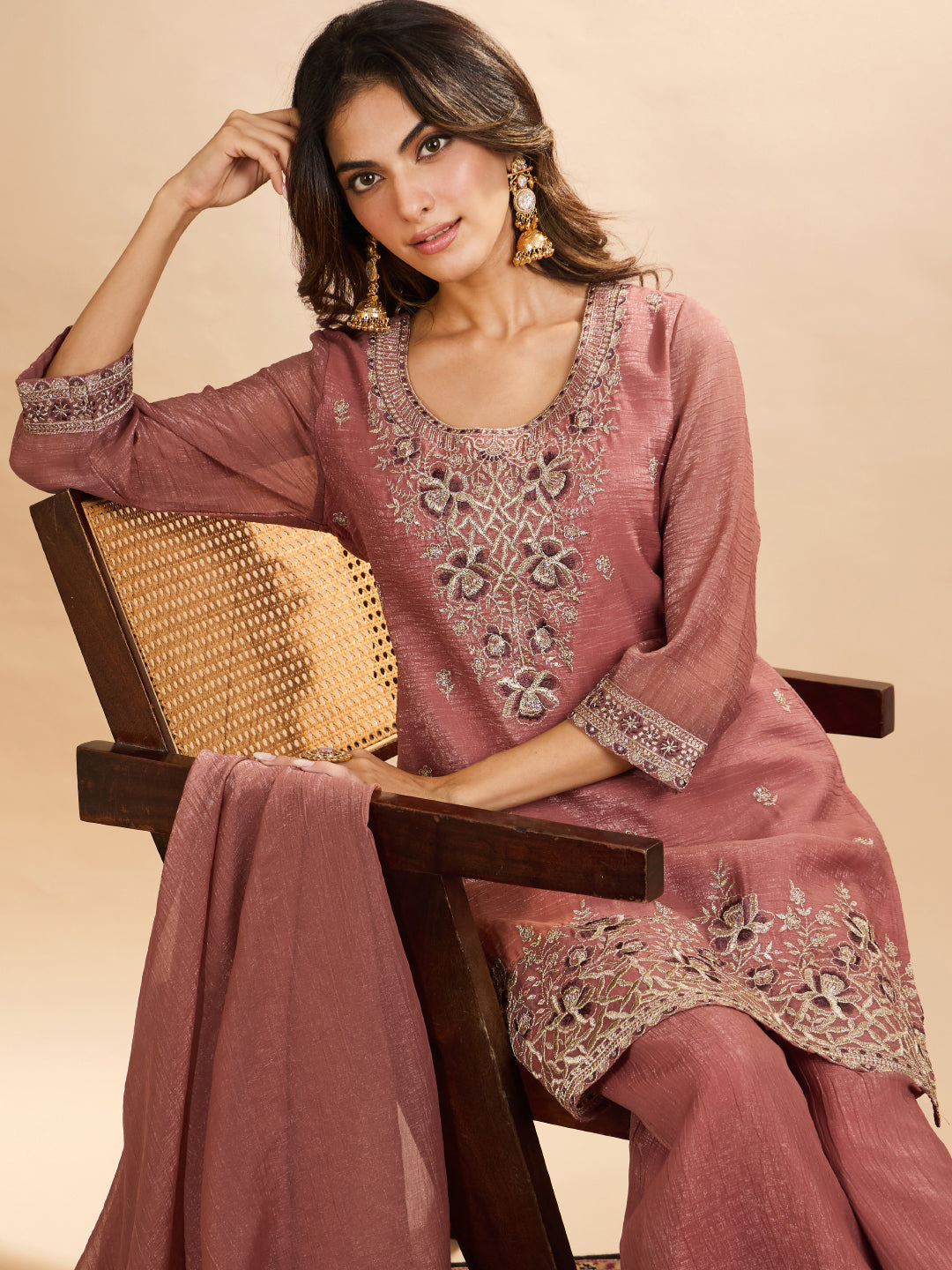 Janasya Women's Dusky Pink Tissue Silk Floral Zari Embroidered Straight Kurta with Palazzo And Dupatta Set