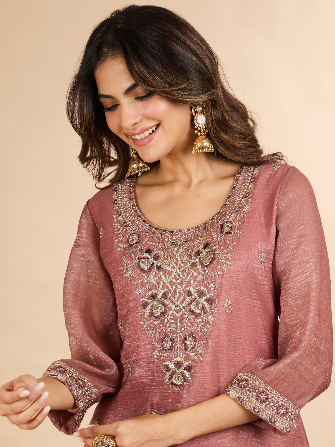 Janasya Women's Dusky Pink Tissue Silk Floral Zari Embroidered Straight Kurta with Palazzo And Dupatta Set