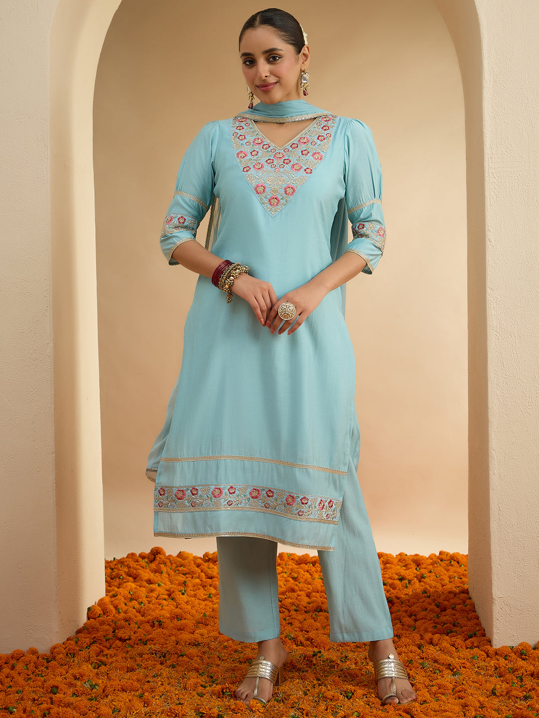 Janasya Women's Sky Blue Chanderi Silk Floral Embroidered Straight Kurta Set