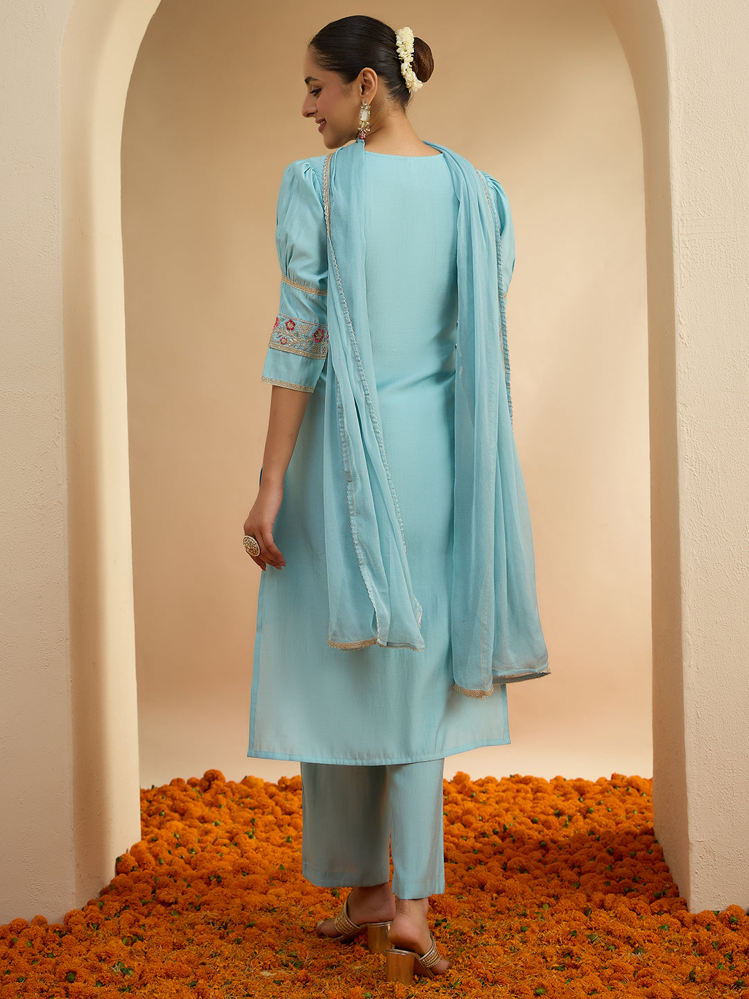 Janasya Women's Sky Blue Chanderi Silk Floral Embroidered Straight Kurta Set