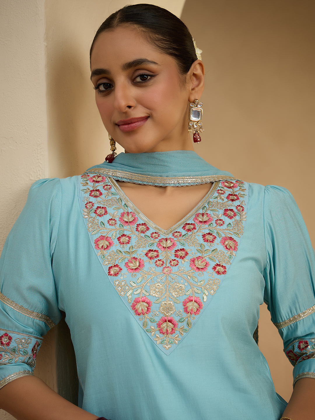 Janasya Women's Sky Blue Chanderi Silk Floral Embroidered Straight Kurta Set