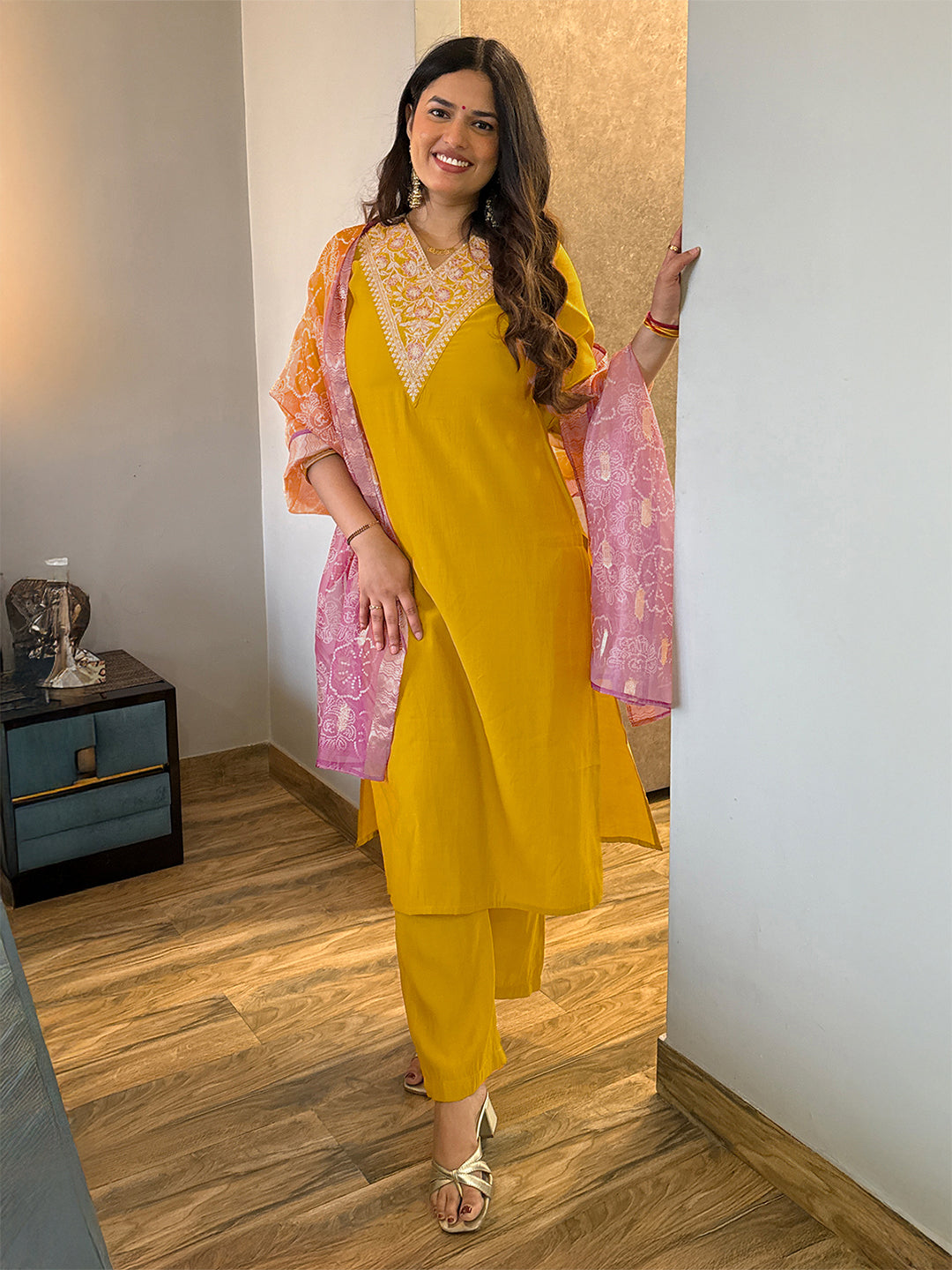 Janasya Women's Mustard Chanderi Silk Floral Embroidered Straight Kurta Set with Bandhani Printed Dupatta