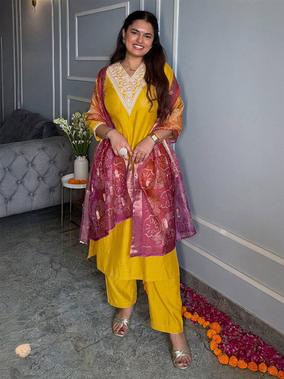 Janasya Women's Mustard Chanderi Silk Floral Embroidered Straight Kurta Set with Bandhani Printed Dupatta
