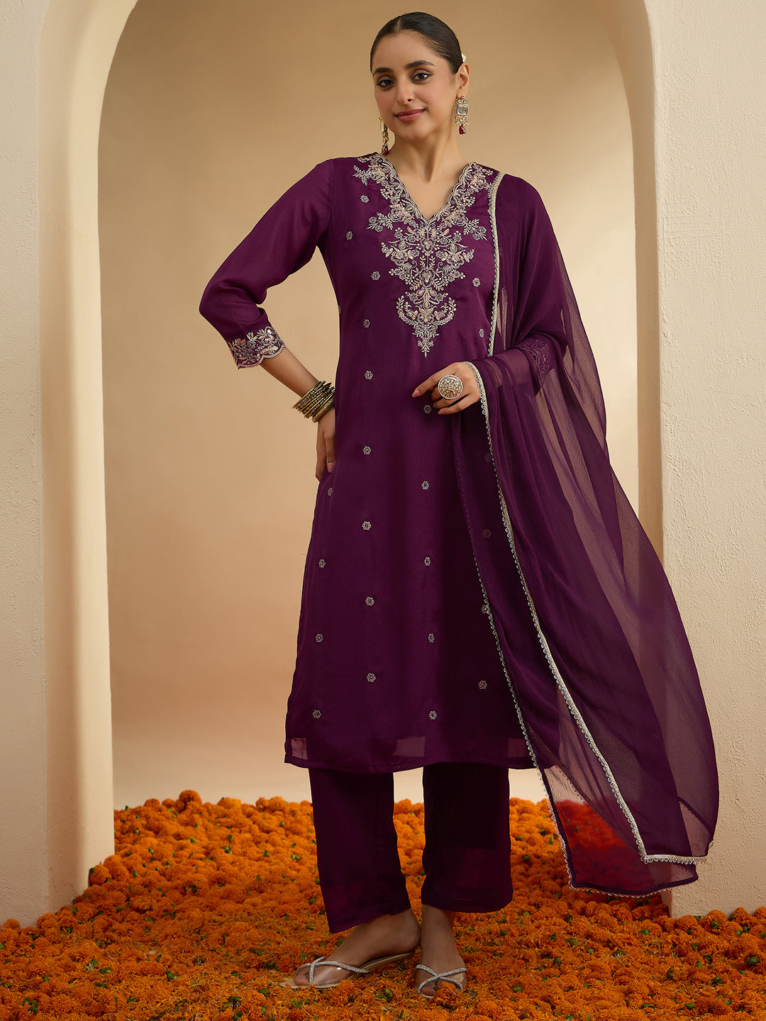 Janasya Women's Wine Shimmer Georgette Floral Embroidered Straight Kurta Set