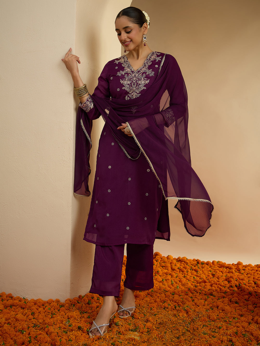 Janasya Women's Wine Shimmer Georgette Floral Embroidered Straight Kurta Set