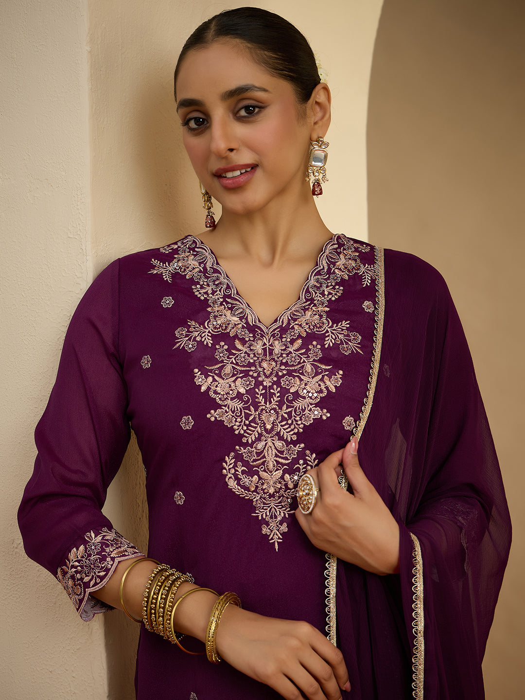 Janasya Women's Wine Shimmer Georgette Floral Embroidered Straight Kurta Set