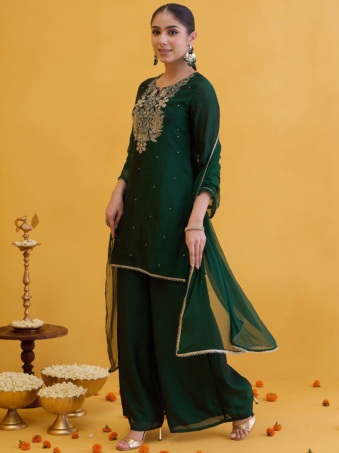 Janasya Women's Dark Green Silk Blend Floral Zari Embroidered Straight Kurta Set