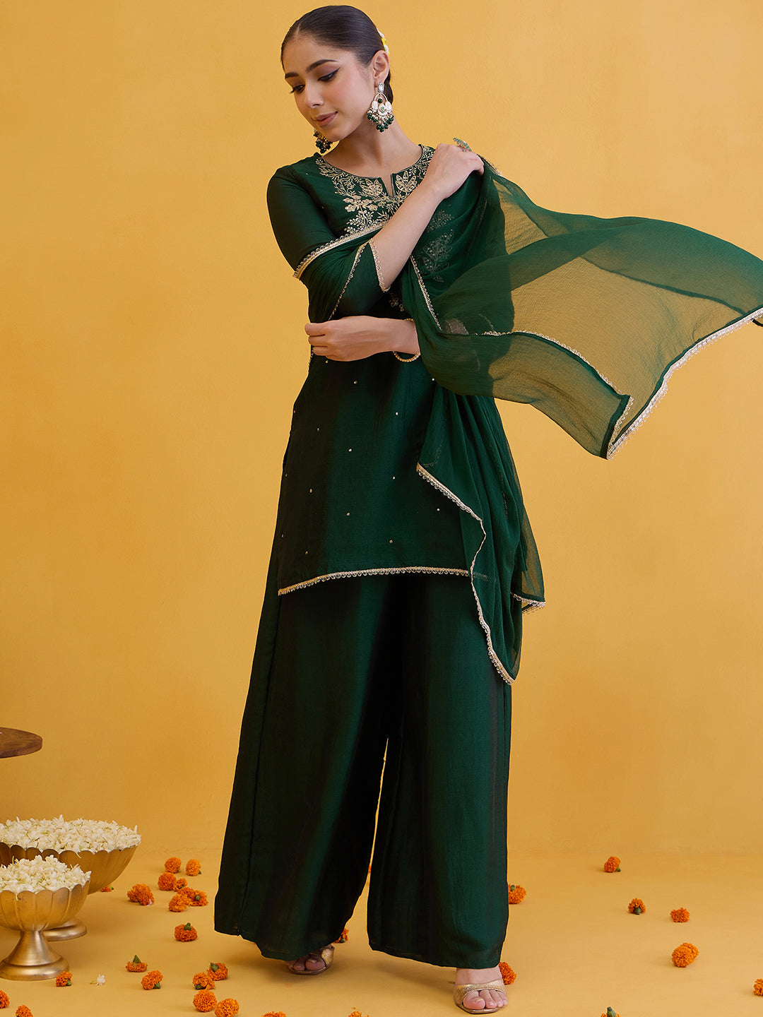 Janasya Women's Dark Green Silk Blend Floral Zari Embroidered Straight Kurta Set