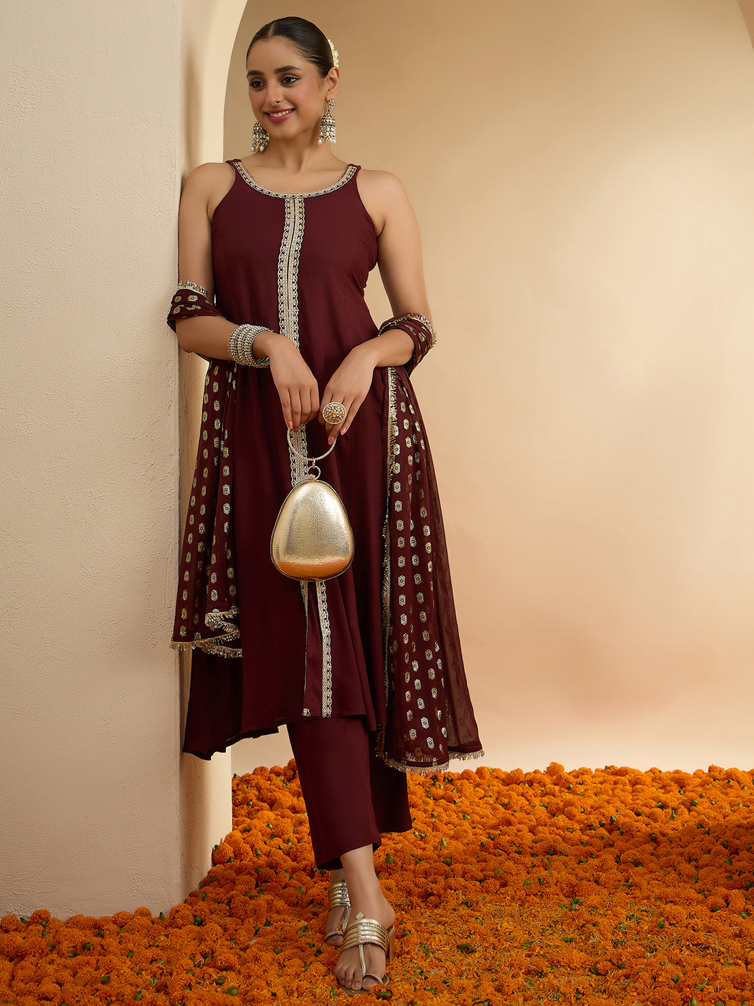 Janasya Women's Brown Rayon Embellished A-Line Kurta Set