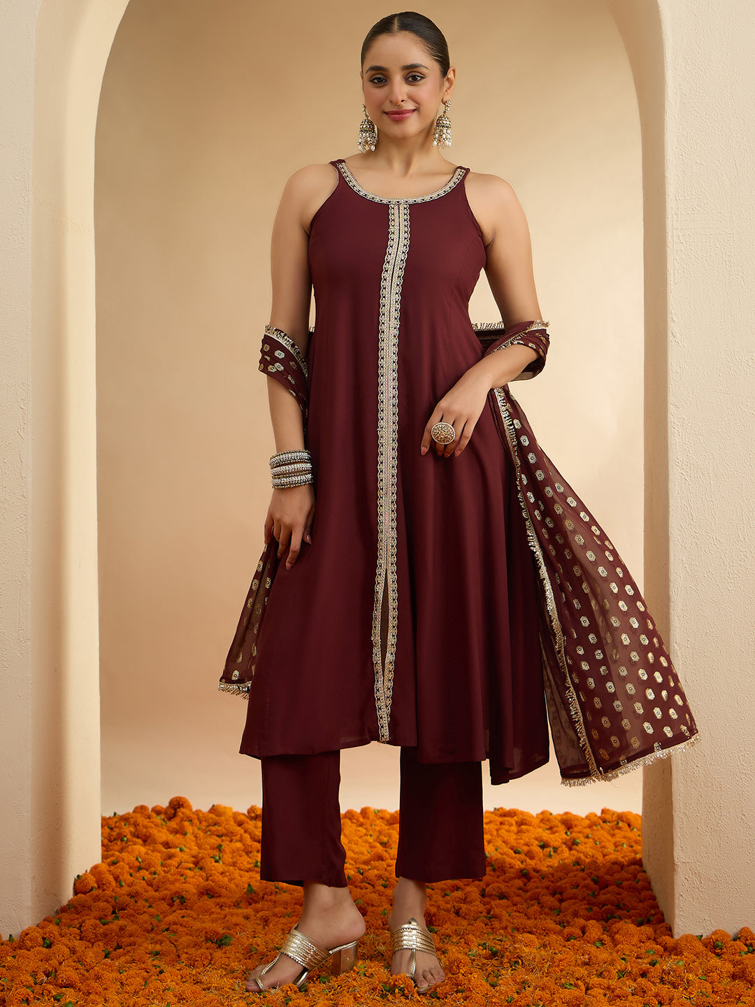 Janasya Women's Brown Rayon Embellished A-Line Kurta Set