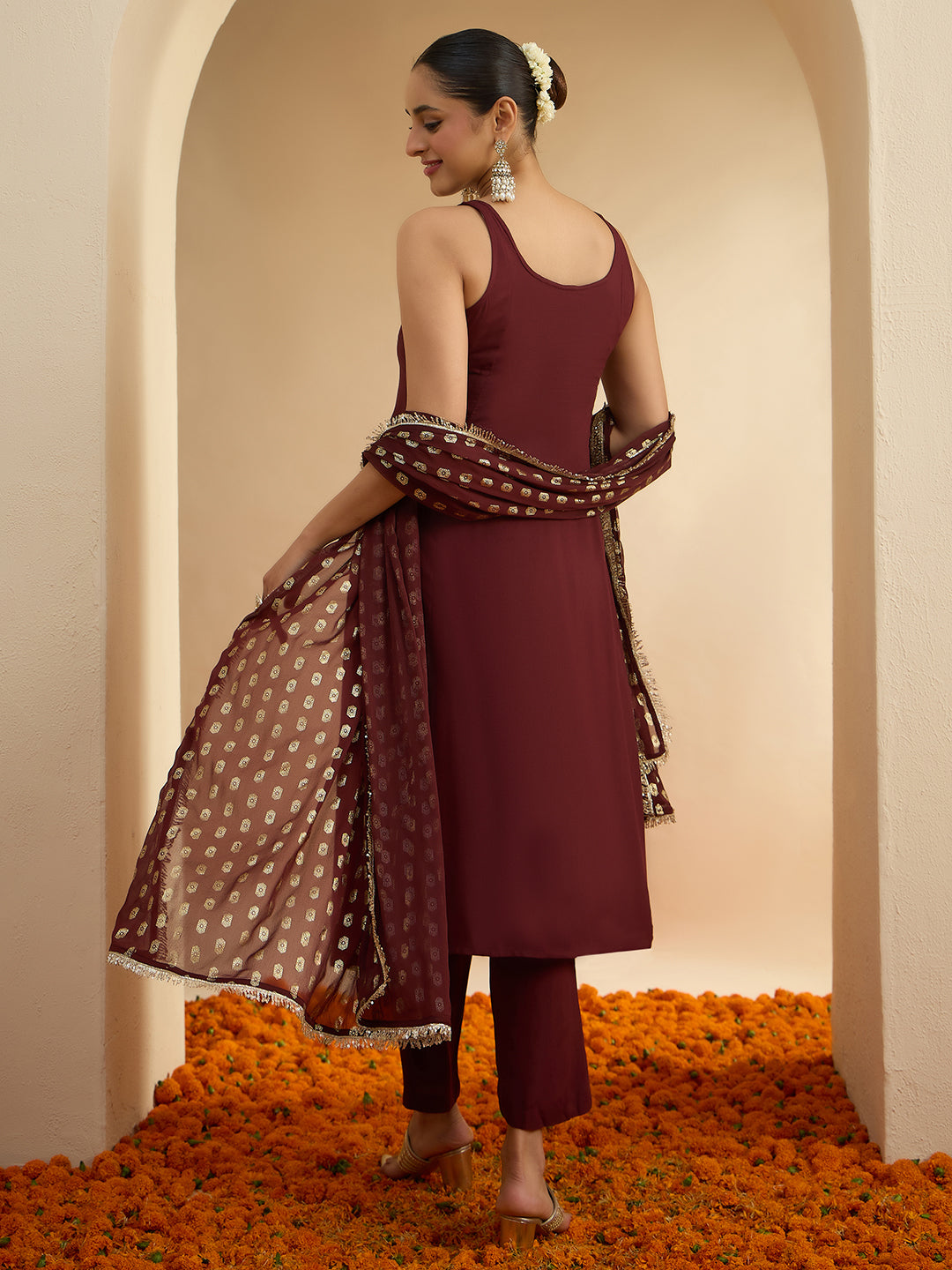 Janasya Women's Brown Rayon Embellished A-Line Kurta Set
