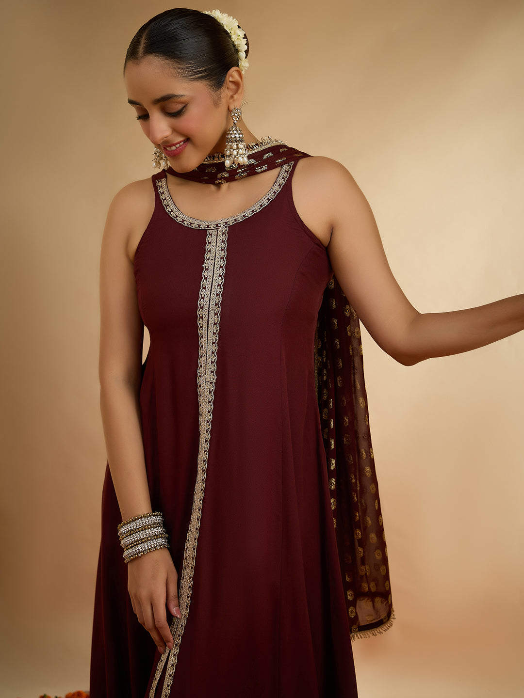 Janasya Women's Brown Rayon Embellished A-Line Kurta Set