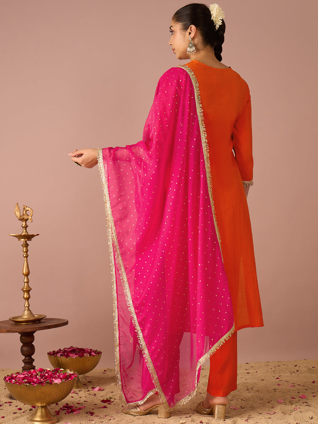 Janasya Women's Orange Chanderi Silk Sequins And Zari Yoke Embroidered Straight Kurta Set with Foil Printed Dupatta