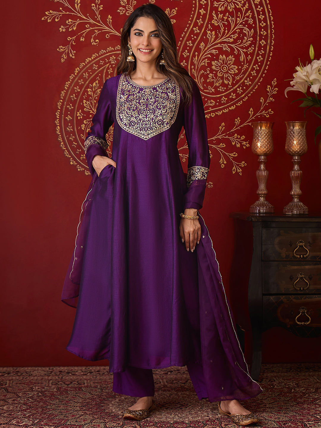 Janasya Women’s Purple Silk Blend Zari Embroidered Anarkali Kurta Set