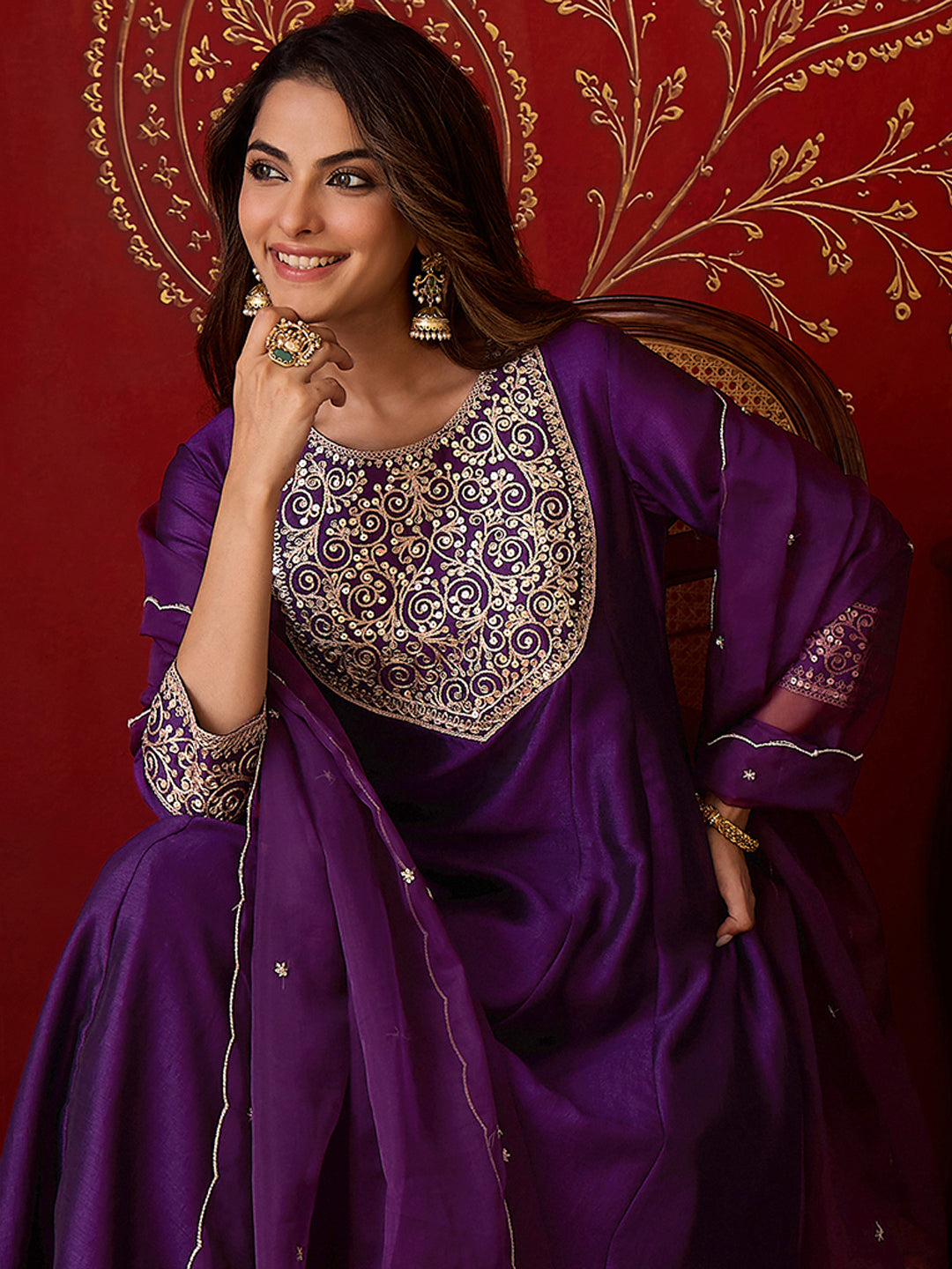 Janasya Women’s Purple Silk Blend Zari Embroidered Anarkali Kurta Set