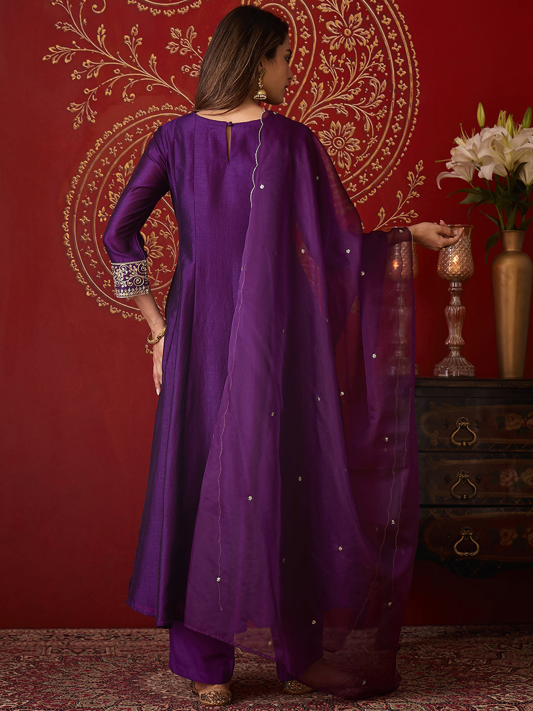 Janasya Women’s Purple Silk Blend Zari Embroidered Anarkali Kurta Set