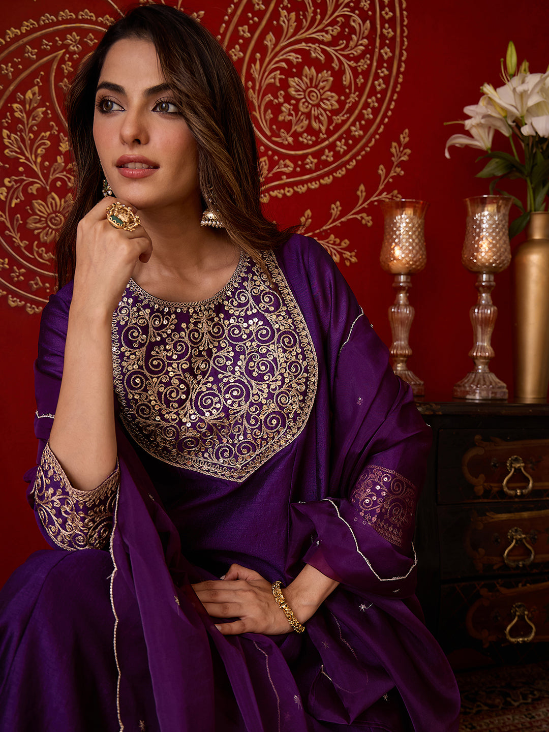 Janasya Women’s Purple Silk Blend Zari Embroidered Anarkali Kurta Set