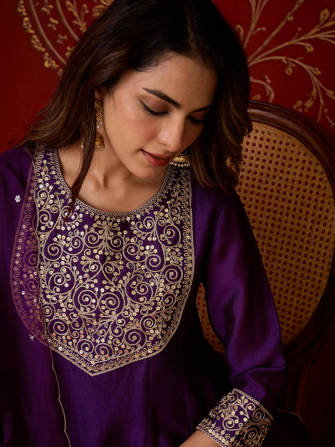 Janasya Women’s Purple Silk Blend Zari Embroidered Anarkali Kurta Set