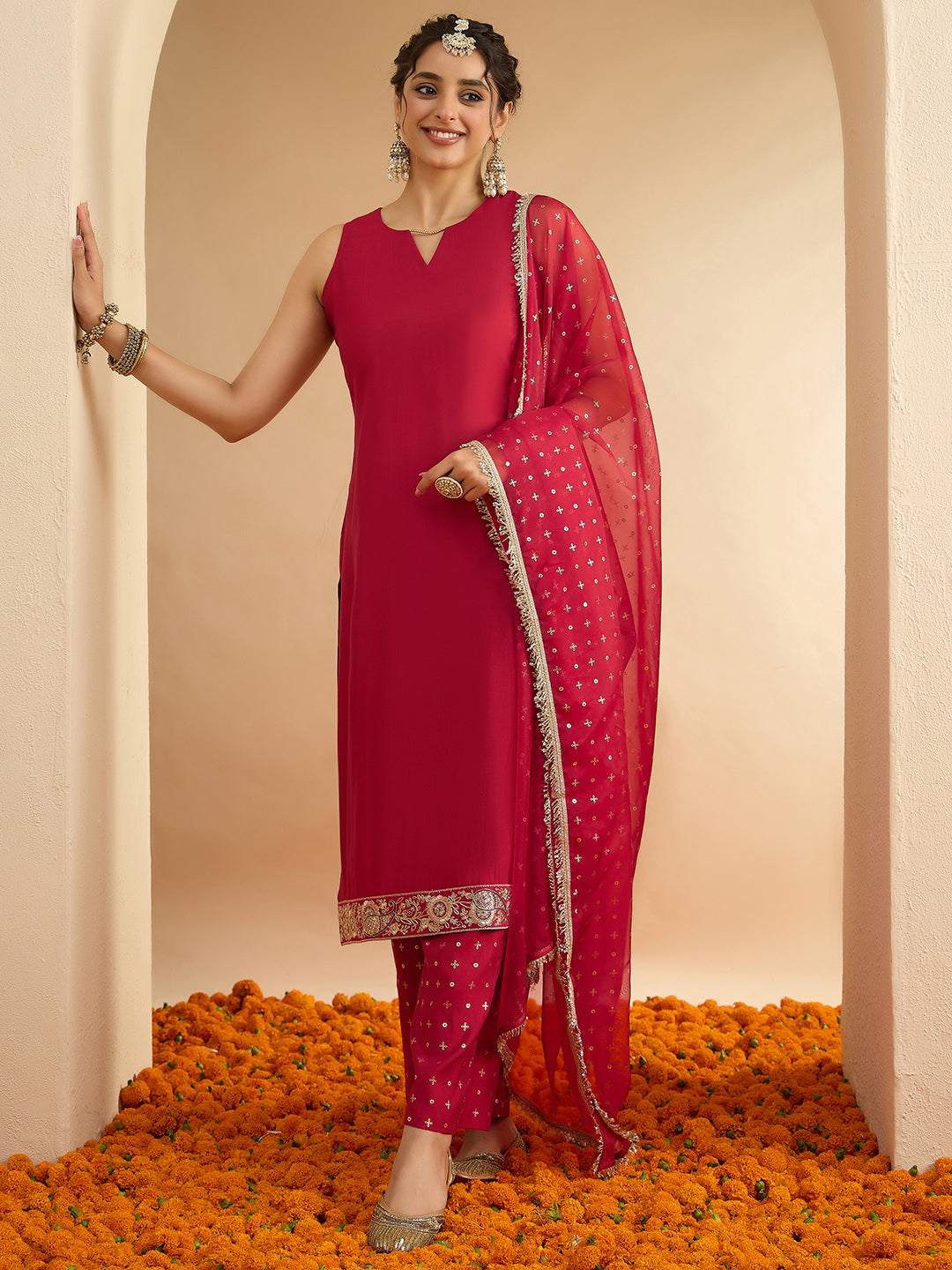 Janasya Women's Maroon Chanderi Silk Floral Zari Embroidered Foil Printed Straight Kurta Set