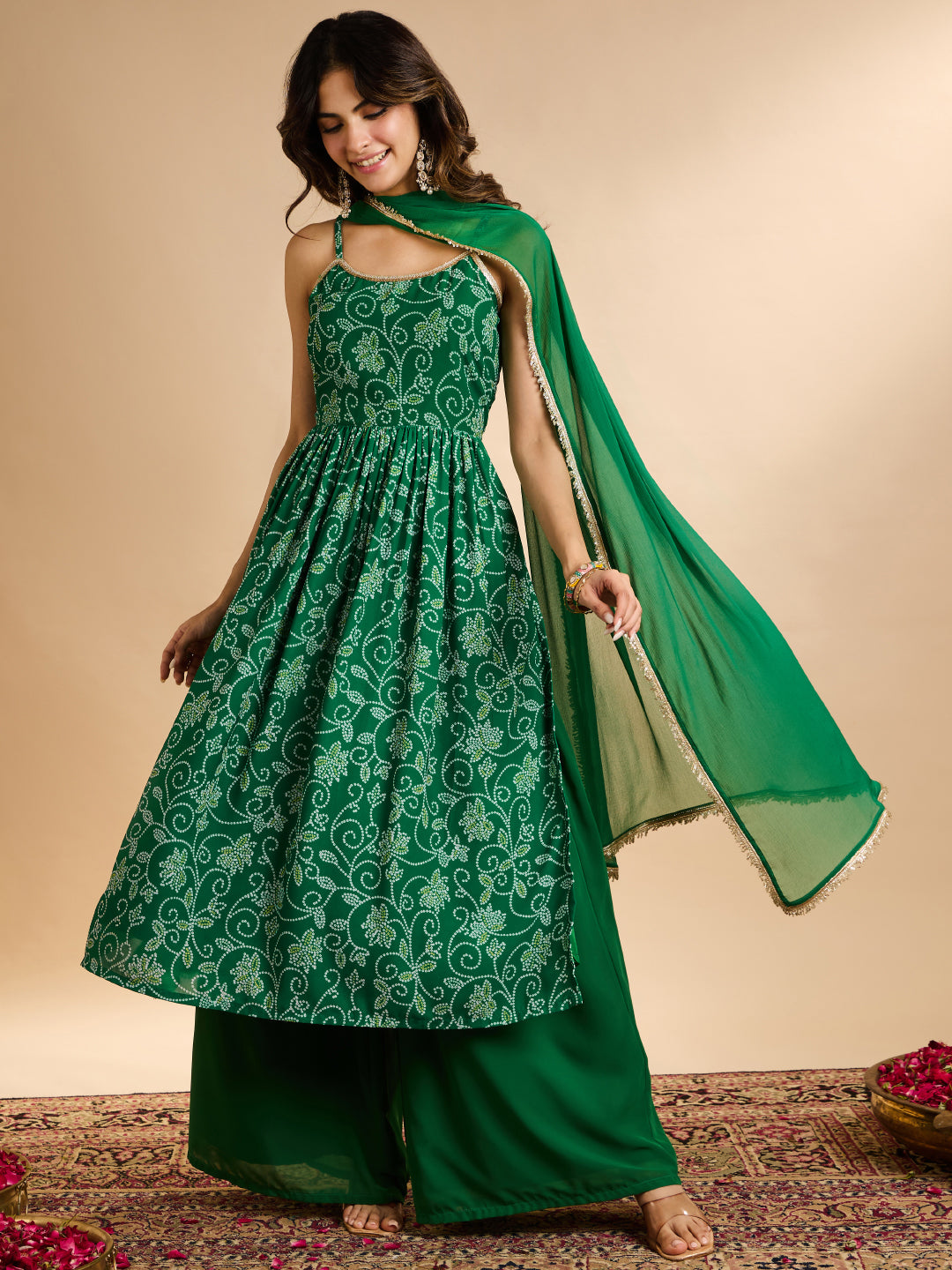 Janasya Women's Green Georgette Bandhani Printed A-Line Kurta with Palazzo And Dupatta Set