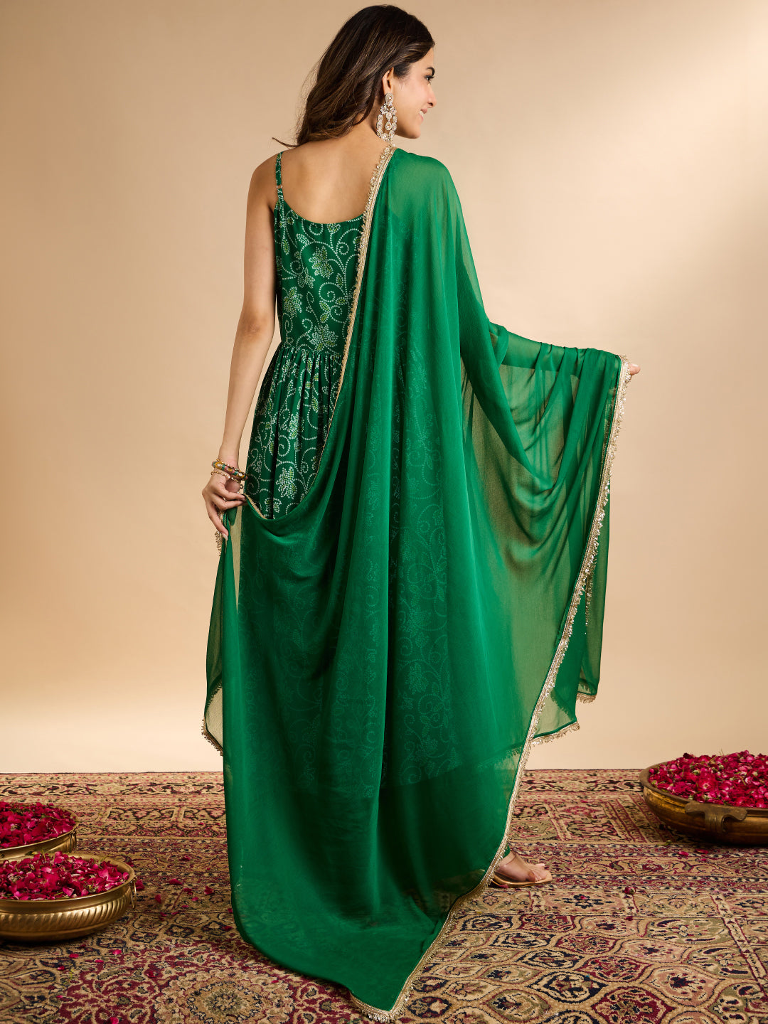 Janasya Women's Green Georgette Bandhani Printed A-Line Kurta with Palazzo And Dupatta Set