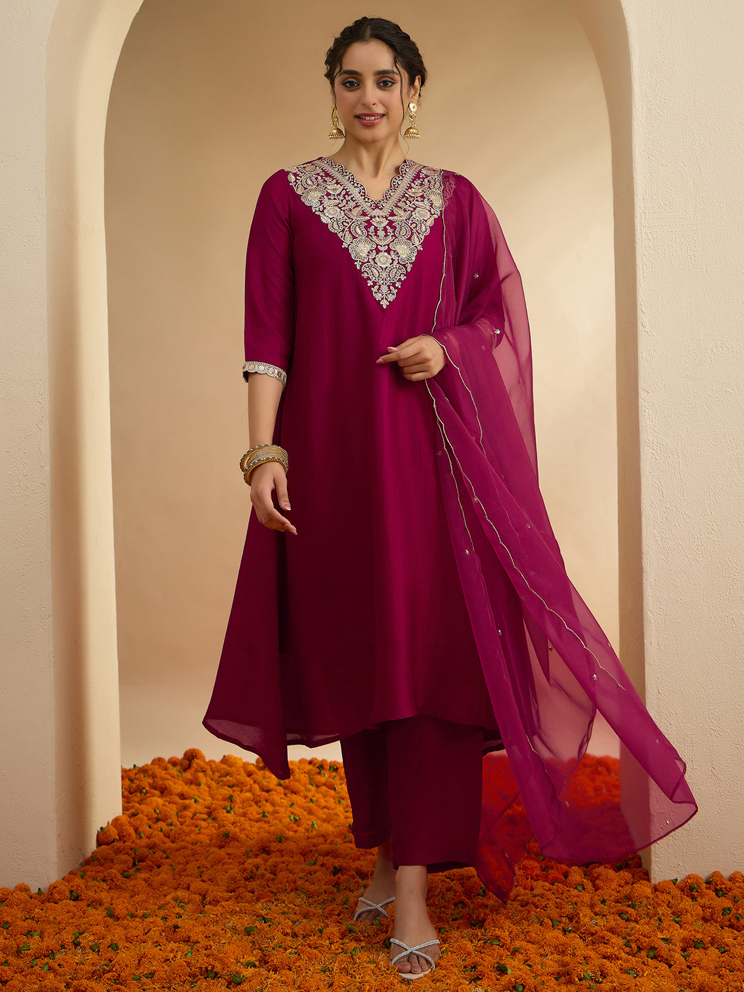 Janasya Women's Maroon Silk Blend Floral Zari Embroidered A-Line Kurta Set
