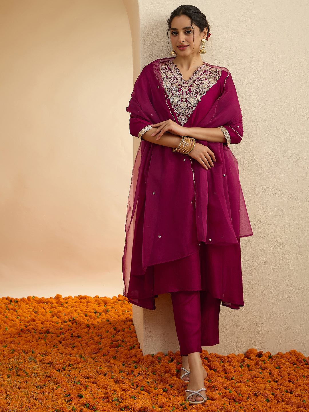 Janasya Women's Maroon Silk Blend Floral Zari Embroidered A-Line Kurta Set
