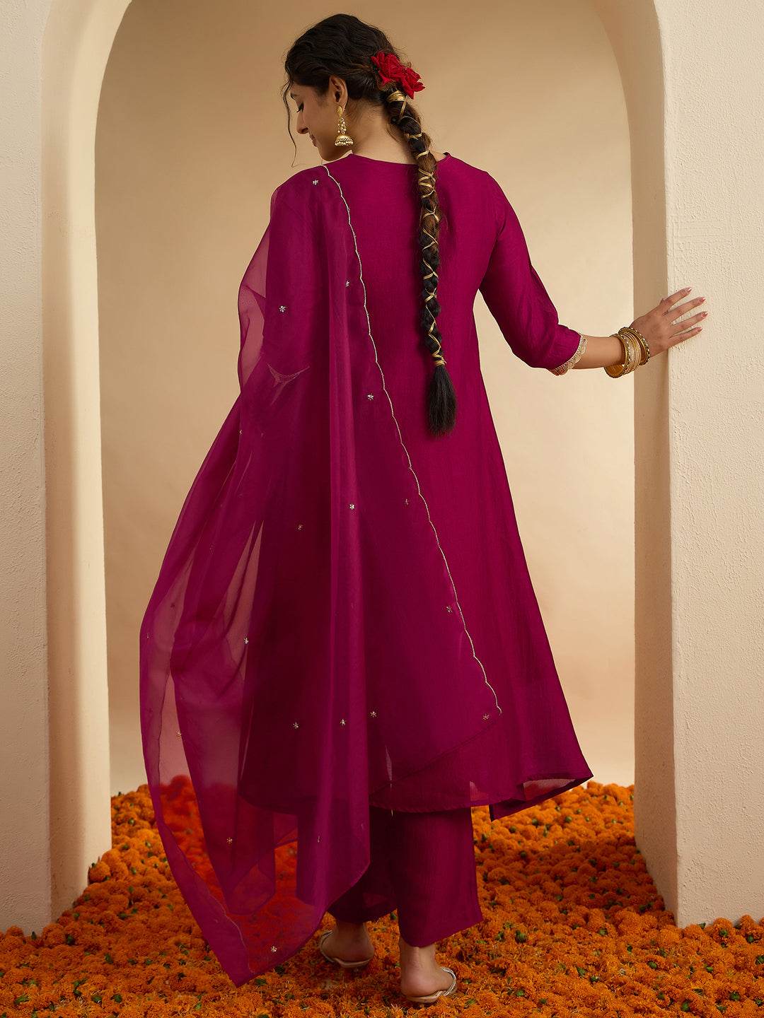 Janasya Women's Maroon Silk Blend Floral Zari Embroidered A-Line Kurta Set