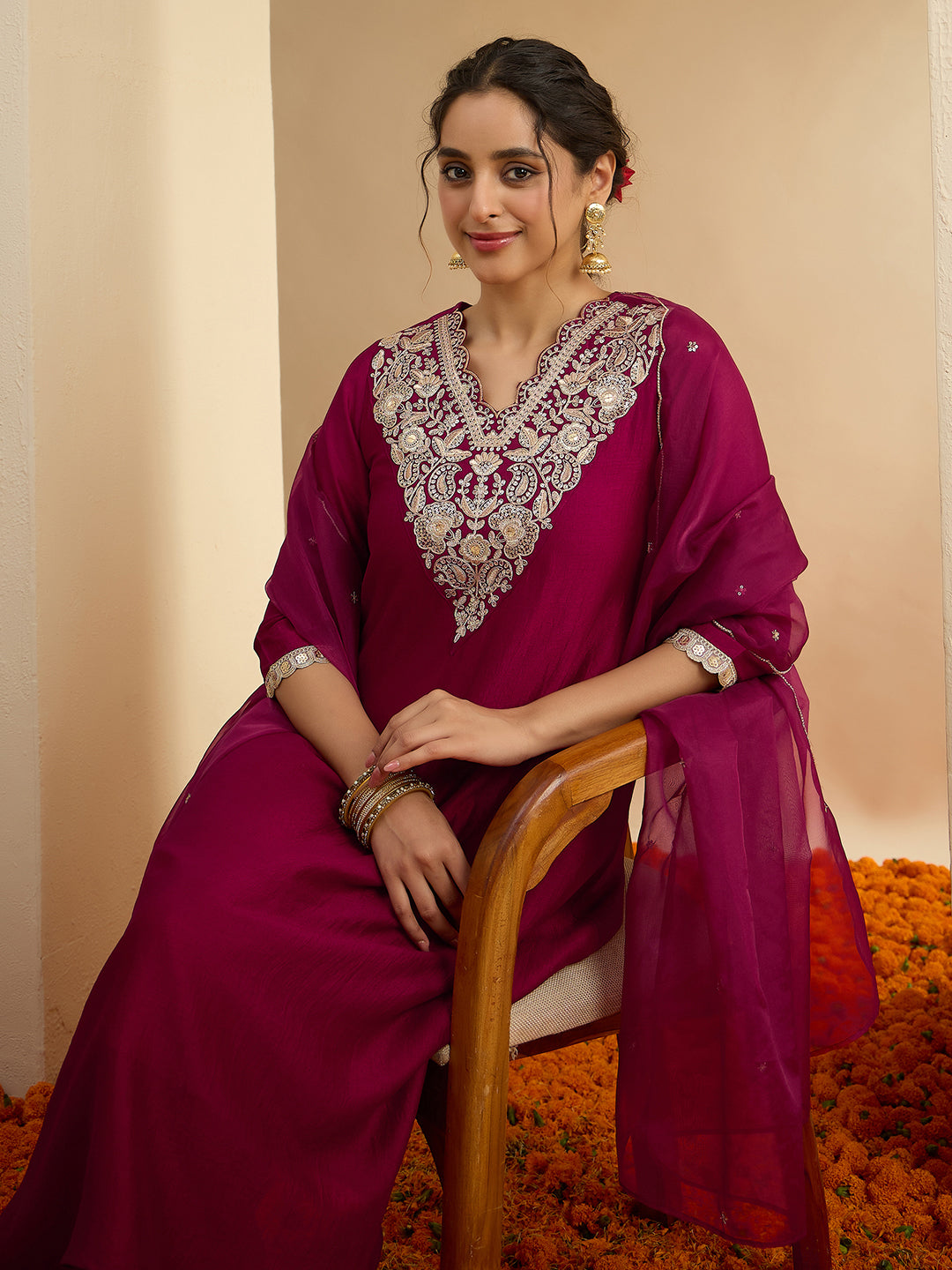 Janasya Women's Maroon Silk Blend Floral Zari Embroidered A-Line Kurta Set