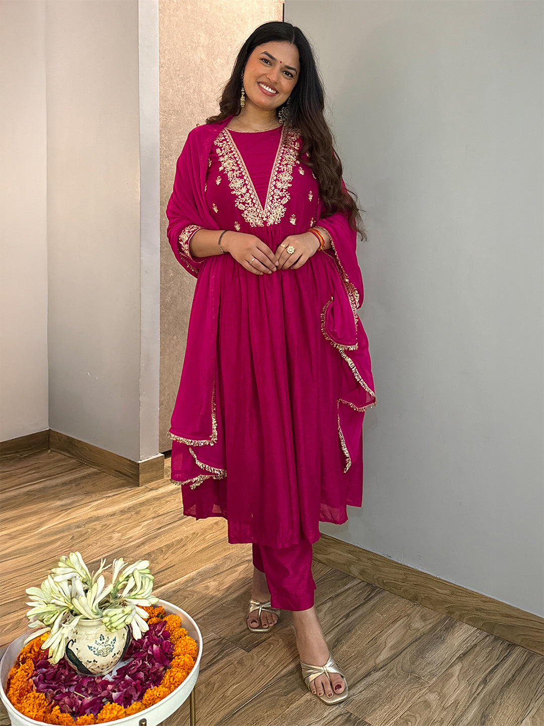 Janasya Women's Magenta Silk Blend Floral Embroidered A-Line Kurta Set