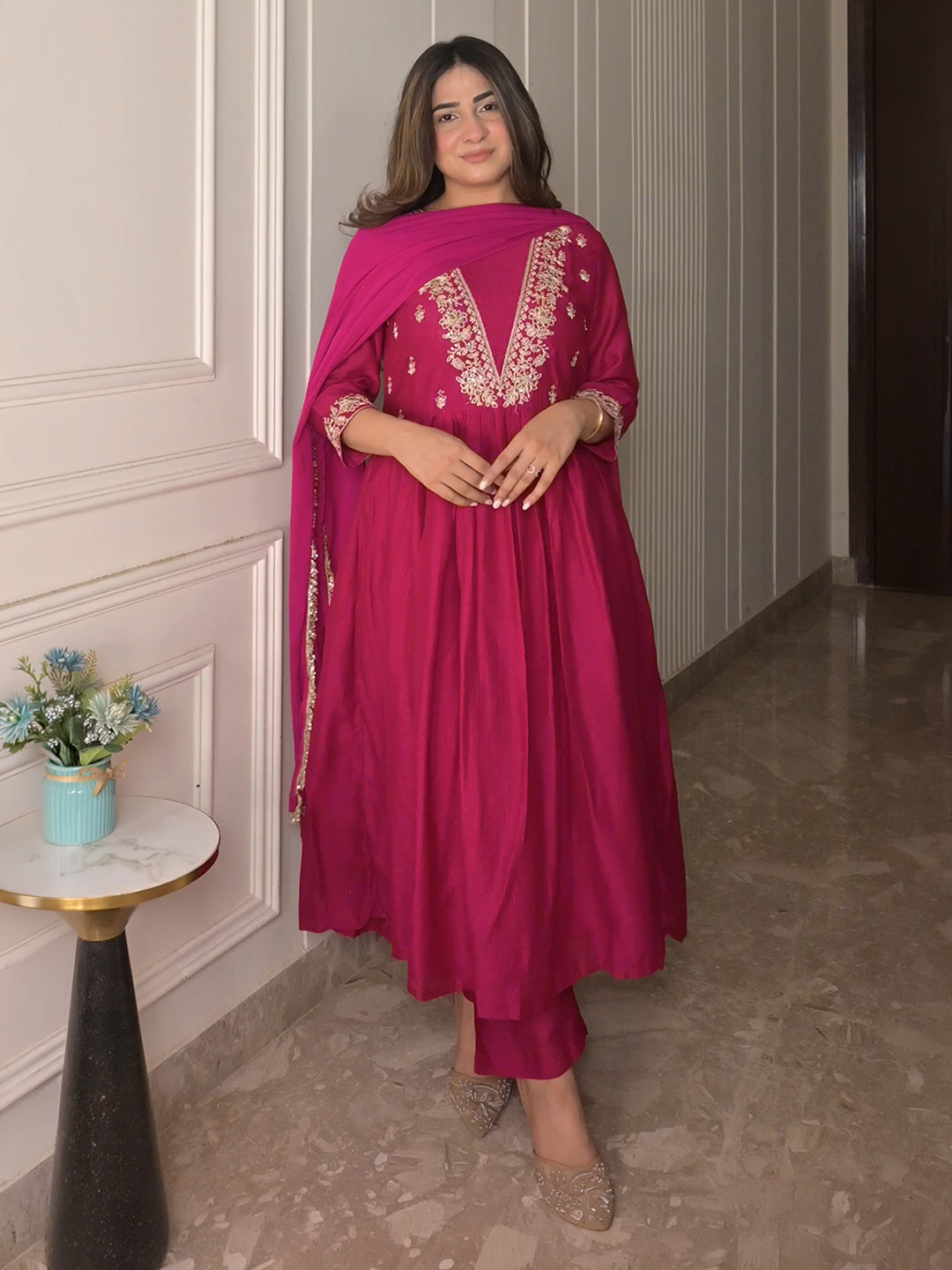 Janasya Women's Magenta Silk Blend Floral Embroidered A-Line Kurta Set