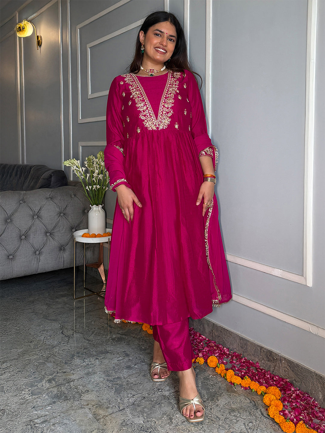 Janasya Women's Magenta Silk Blend Floral Embroidered A-Line Kurta Set